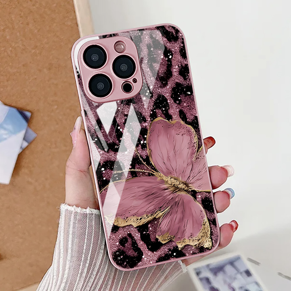 Tempered Glass Screen - Butterfly Leopard Print Phone Case For